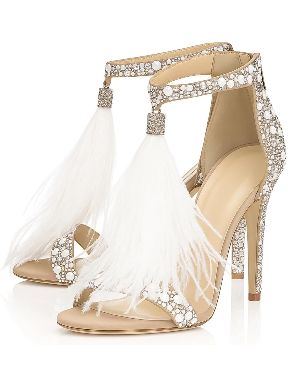 Embellished Feather Ankle-Strap High Heels in Beige